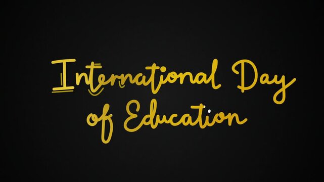 Internation day of education One line continuous animated lettering typography intro outro footage, hand drawn calligraphy monoline single line vintage text on background video gold golden type on bla