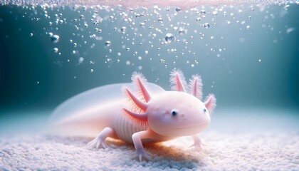 Adorable albino axolotl underwater with bubbles rising