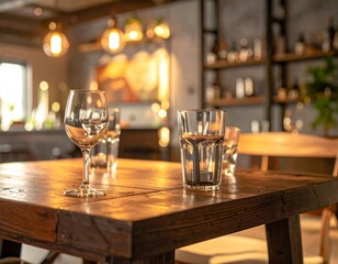 Wooden table set with glasses in a restaurant
