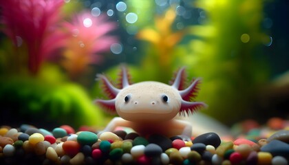 Adorable axolotl with vibrant gills on colorful pebbles underwater