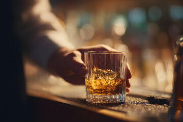 Cinematic Close-Up of Bartender Serving Whiskey on Ice in a Dimly Lit Bar