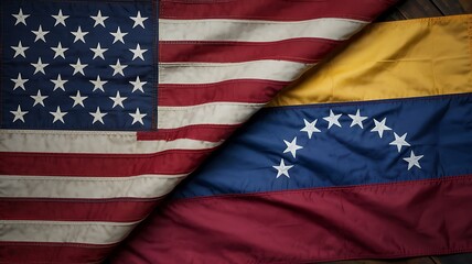A close up view showcases the vibrant juxtaposition of the american and venezuelan flags representing national identity and global connections