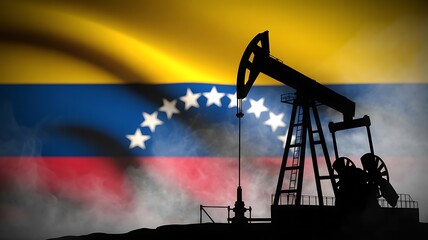Naklejka na ściany i meble A silhouette of an oil pump against the vibrant backdrop of the venezuelan flag symbolizing the nation s crucial oil industry and economic dependence