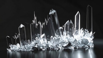 3D-rendered cluster of multifaceted, transparent crystals, dark background