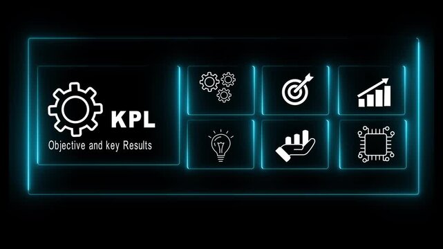 K P I dashboard icons showing business growth strategy A I innovation target achievement and idea generation with glowing neon borders on dark background 4k video