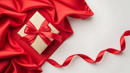A luxuriously draped red satin fabric partially covers a golden gift box adorned with a matching red ribbon bow high quality