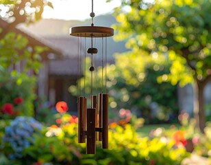 Wooden wind chime hanging in a sun-dappled garden