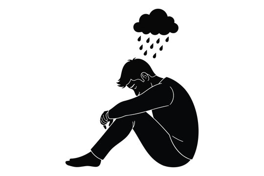 a man sitting on the ground with a rain cloud above him feeling sad and depressed