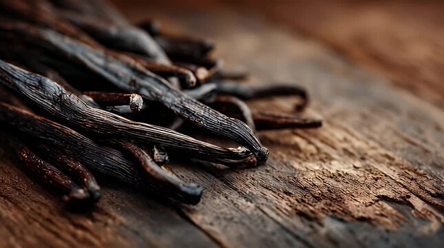 Aromatic and dried vanilla beans on a rustic wooden surface, highlighting their rich texture and natural essence