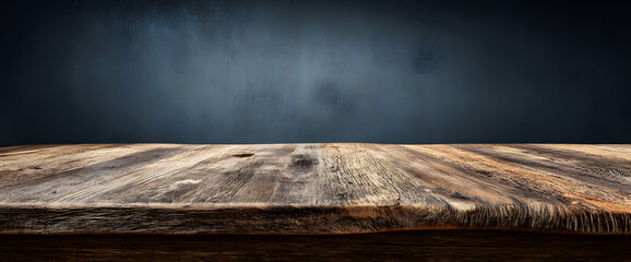 Empty Wooden Table Top with Dark Wall Background for Product Display and Copy Space