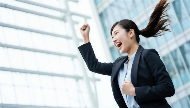 ビル街を背に力強くガッツポーズする女性