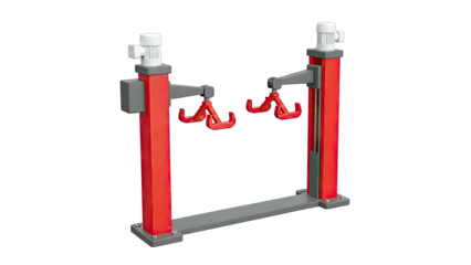 Two-post car lift with red posts and grey base