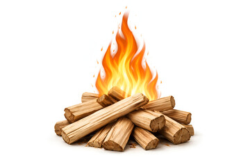 Burning campfire with wooden logs and bright orange flames isolated on white