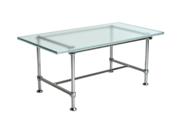 Glass table on metal frame, against black background