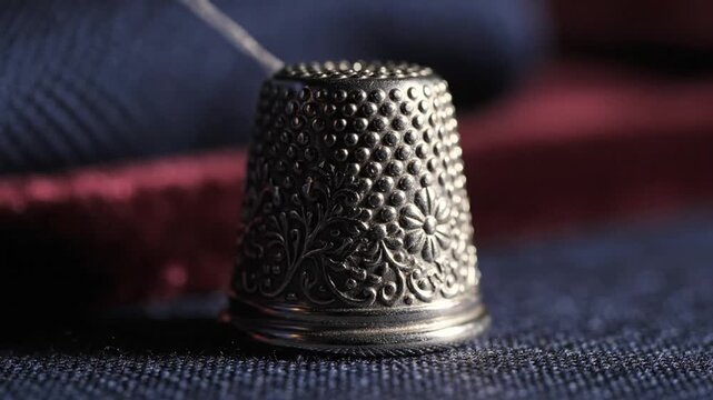 A close-up shot of an ornate silver thimble nestled in dark blue fabric