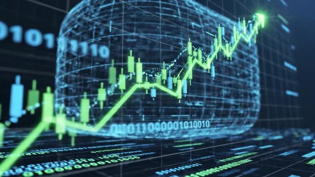 Digital finance chart with green candlestick graph and rising line over 3D holographic data grid and translucent data cylinder showing binary analytics, trading market growth and financial graph data