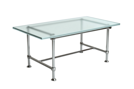Glass table on metal frame, against black background - Powered by Adobe