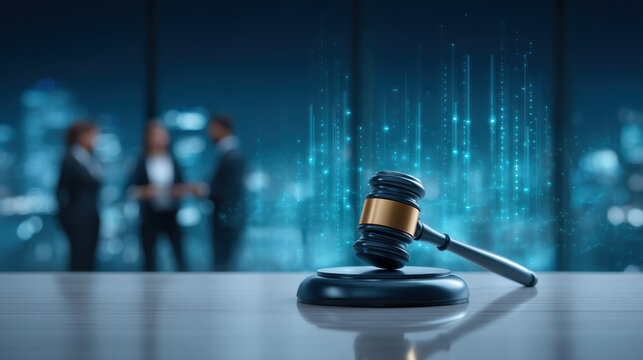 Serious business legal concept with wooden gavel and digital technology overlay - Powered by Adobe
