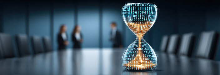 Glowing digital hourglass counts time for urgent business deadline in corporate office