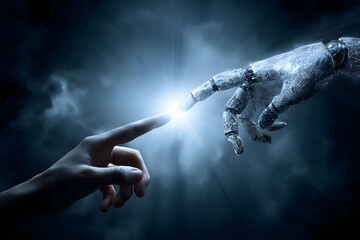Human and Robot Hand Touching Symbolizing Artificial Intelligence and Technology