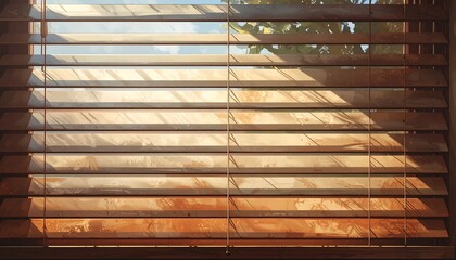 Wooden window blinds with sunlight filtering through, creating shadows