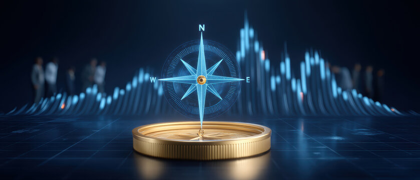 Golden compass shows direction for successful business finance strategy on market chart