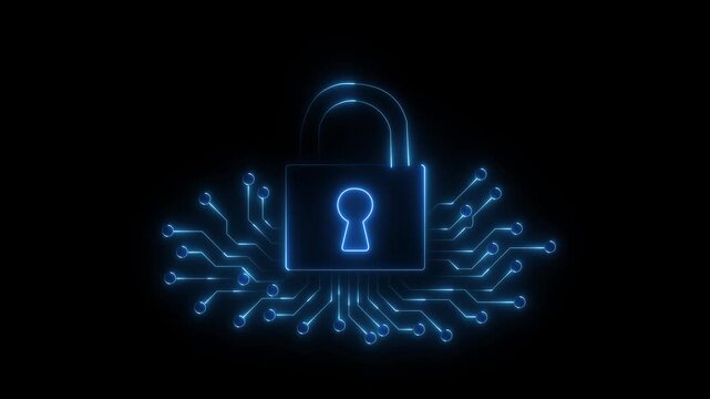 Neon blue padlock icon with circuit board lines on a dark background security digital 4k video...