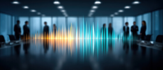 Serious business team in meeting room with digital sound wave technology