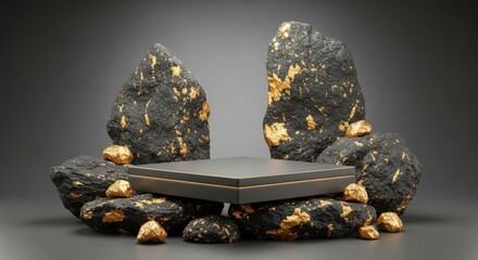 Mysterious stone altar with glowing orbs and lush greenery