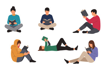people sitting and lying down reading books in various positions and casual clothing © jubayer95