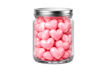 Glass jar filled with pink heart shaped candies for Valentines Day sweets and treats isolated on white