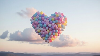 Fototapeta premium Vibrant heart shaped balloons floating in serene sky with clouds