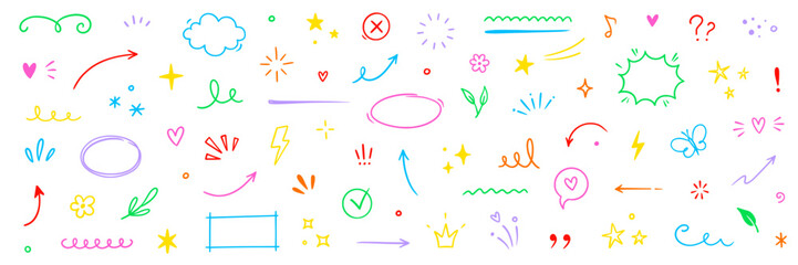 Plakat Line element arrow, cloud, heart cute design icon set. Hand drawn brush sketch doodle cute star, heart, flower element. Line text decoration scribble decoration. Hand drawn Vector illustration
