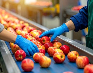 Workers sorting and inspecting ripe red apples on a conveyor belt
