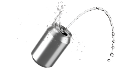 Dynamic visual representation of a silver beverage can opening with a dramatic splash of clear, sparkling liquid isolated against black.