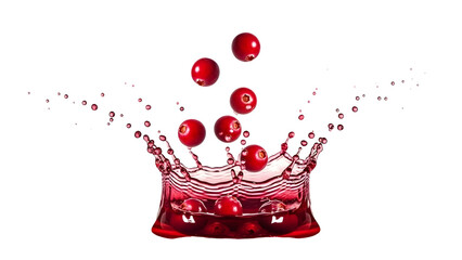 Vibrant red cranberries splashing dramatically into deep crimson liquid creating an explosive, fresh fruit juice crown effect