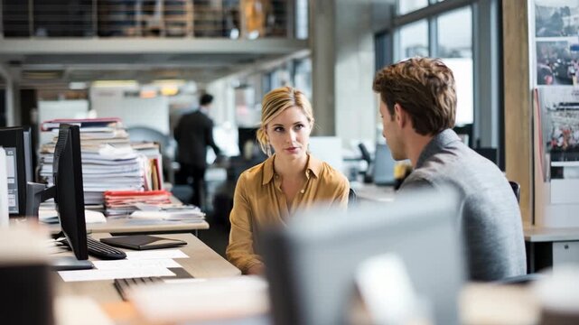 Two individuals engaged in a meeting in a modern office, one discussing with another