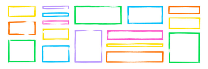 Hand drawn rectangle frame with brush strokes and rough edges. Color photo rectangle, box border. Hand drawn brush stroke texture stamp shape set with rough edge effect. Vector illustration