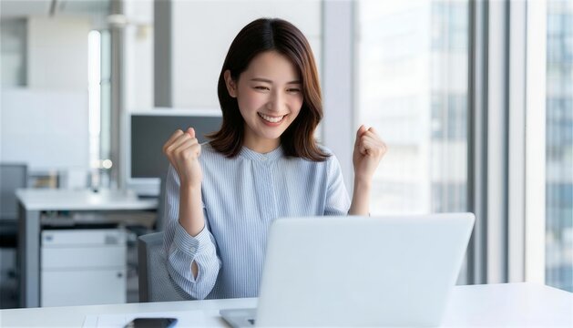 パソコンの前で目標達成を喜ぶ笑顔の女性社員
