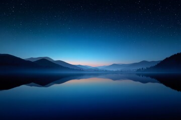 Tranquil Landscape with Soft Blue Tones, Gentle Hills, and Still Water Under a Starry Sky at Dusk Captured in Serene Minimalist Nature Scene