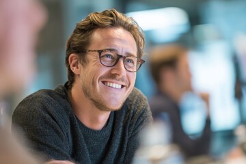 Happy man with glasses smiles during meeting at modern office, creating an engaging and vibrant atmosphere with colleagues in the background