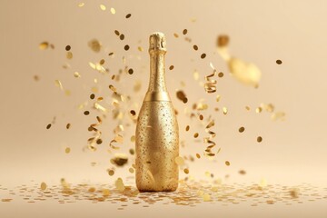 Sparkling Champagne Bottle with Gold Confetti and Streamers on Soft Beige Background Celebrating Special Occasions and Joyful Moments