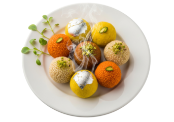 colorful laddoo assortment on white plate for ramadan eid mubarak