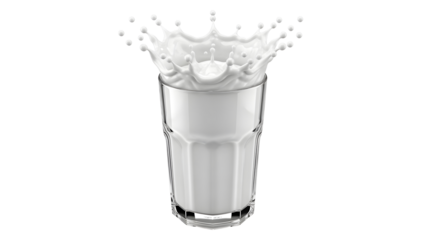 Dynamic high-speed photograph captures pristine white milk splashing dramatically upwards from the rim of a clear drinking glass.
