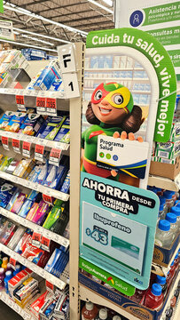 Huauchinango, Puebla, Mexico - Dec 26, 2025: Bodega Aurrera, a Mexican chain of discount stores and supermarkets owned by Walmart, offers low prices with the image of Mama Lucha