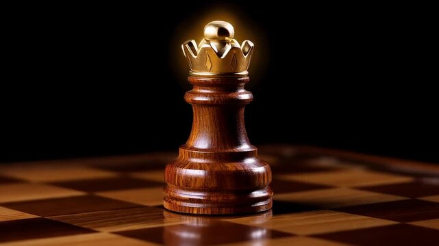 Close-up of a wooden chess queen with a golden crown, set on a checkered board against a dark background