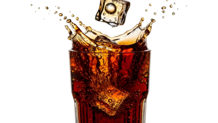 Refreshing dark soda beverage with ice cube splashing dramatically into a clear glass revealing carbonation and effervescence