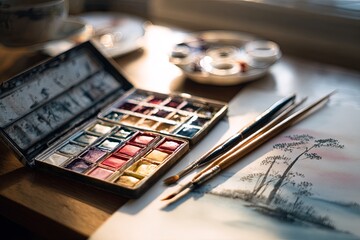 Colorful watercolor palette and brushes on a table with a finished landscape sketch, soft light, gentle mood, photorealistic, cinematic lighting, 8k,