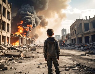 Young child facing destruction. War scene with burning buildings & debris