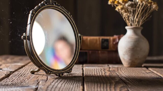 A vintage mirror rests on a wooden table beside dried flowers in a vase, books in the background